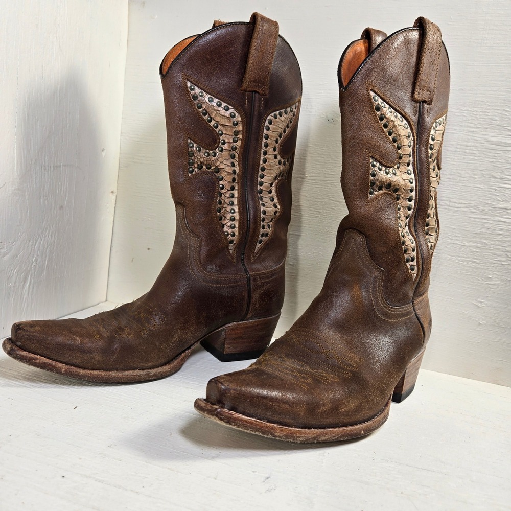 Frye Brown Leather Western Cowboy Boots with Cream Studded Inlay